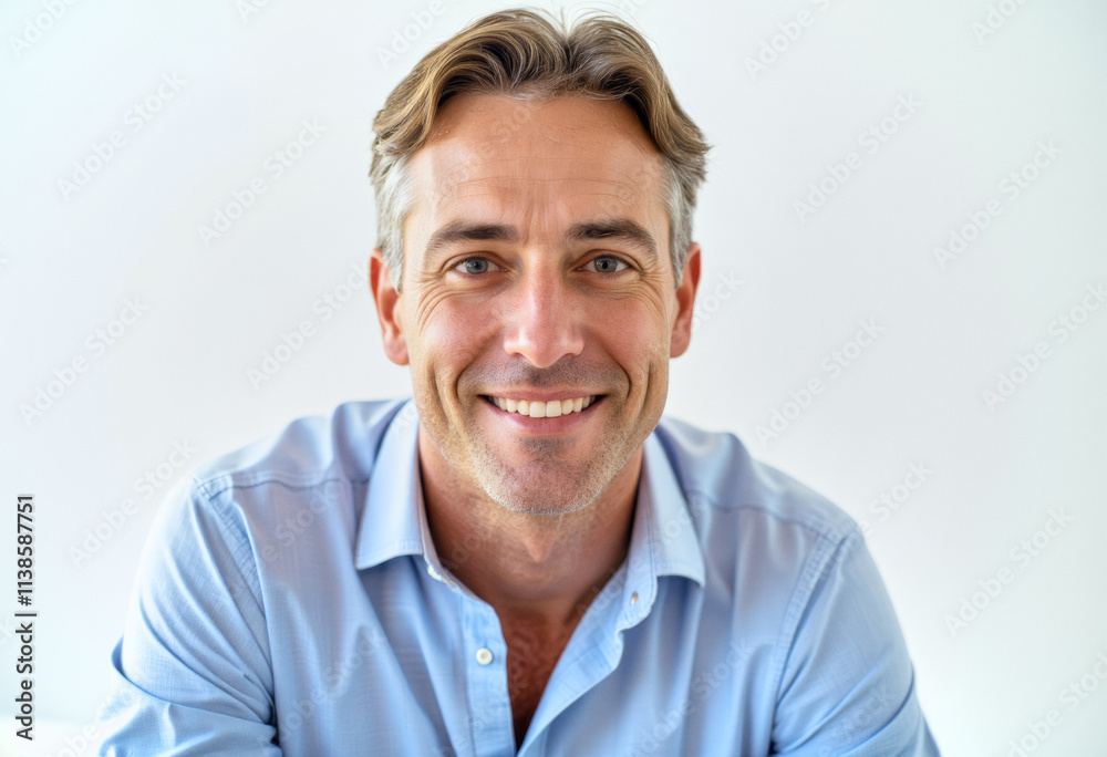 Fototapeta premium A commercial portrait photo of a model on a white studio background: a man in a blue shirt smiling at the camera against a white background.