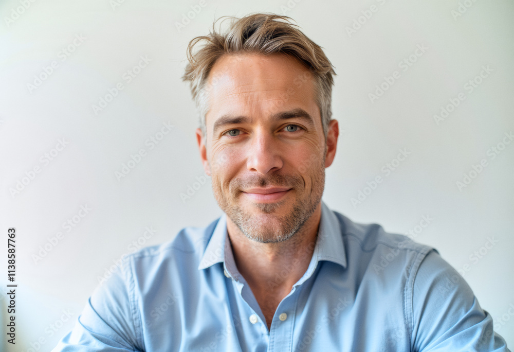 A commercial portrait photo of a model on a white studio background: a man in a blue shirt with his arms crossed, smiling at the camera against a white background. A commercial portrait photo of a model on a white studio background: a man in a blue shirt with his arms crossed, smiling at the camera against a white background.
