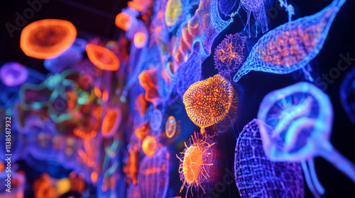 The slide reveals stunning, intricate details of cell structures, illuminated with bright and sharp lighting. photo