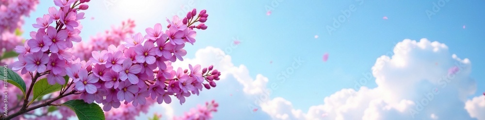 Pink lilac flowers blooming against the soft blue of the sky, sky, art Pink lilac flowers blooming against the soft blue of the sky, sky, art