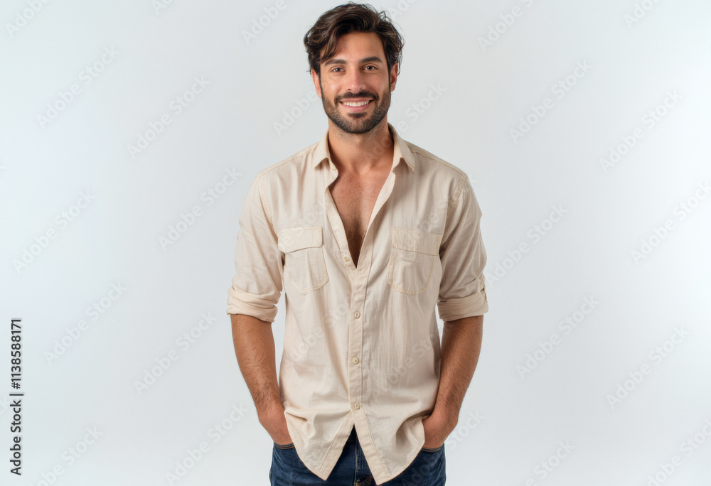 A commercial portrait photo of a model on a white studio background: a man standing with his hands in his pockets, wearing a beige shirt and blue jeans, with a smile on his face. A commercial portrait photo of a model on a white studio background: a man standing with his hands in his pockets, wearing a beige shirt and blue jeans, with a smile on his face.