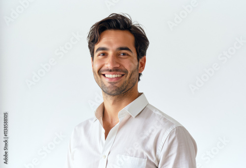 A commercial portrait photo of a model on a white studio background: a man in a white shirt smiling at the camera against a white background.