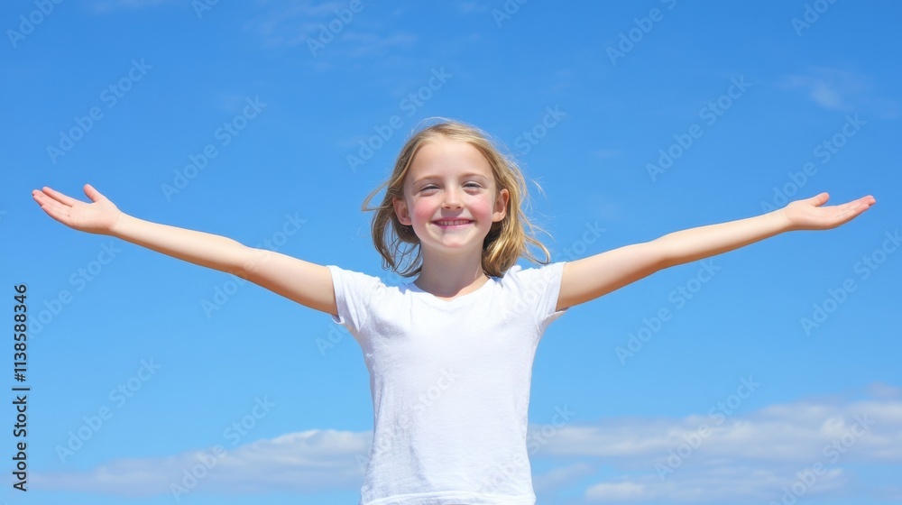 Happy Child with Outstretched Arms Under Bright Blue Sky at Daytime Happy Child with Outstretched Arms Under Bright Blue Sky at Daytime