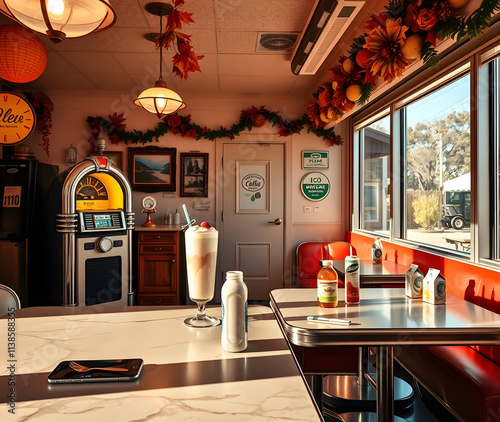 Vintage diner interior with jukebox and delicious milkshake highlights cheerful ambiance in sunny afternoon light