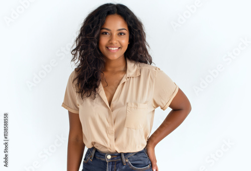 A commercial portrait photo of a model on a white studio background: a woman standing and smiling in front of a white background, wearing a tan shirt and jeans.