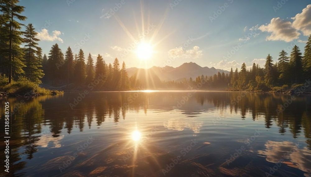 Radiant sunbeams dance across a serene lake on a warm summer day, outdoor photography, reflective surface, peaceful scene Radiant sunbeams dance across a serene lake on a warm summer day, outdoor photography, reflective surface, peaceful scene