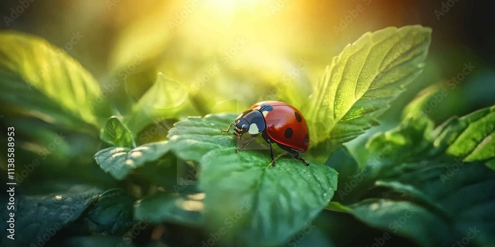 A Ladybug Resting on a Green Leaf in Soft Sunlight, Generative AI A Ladybug Resting on a Green Leaf in Soft Sunlight, Generative AI