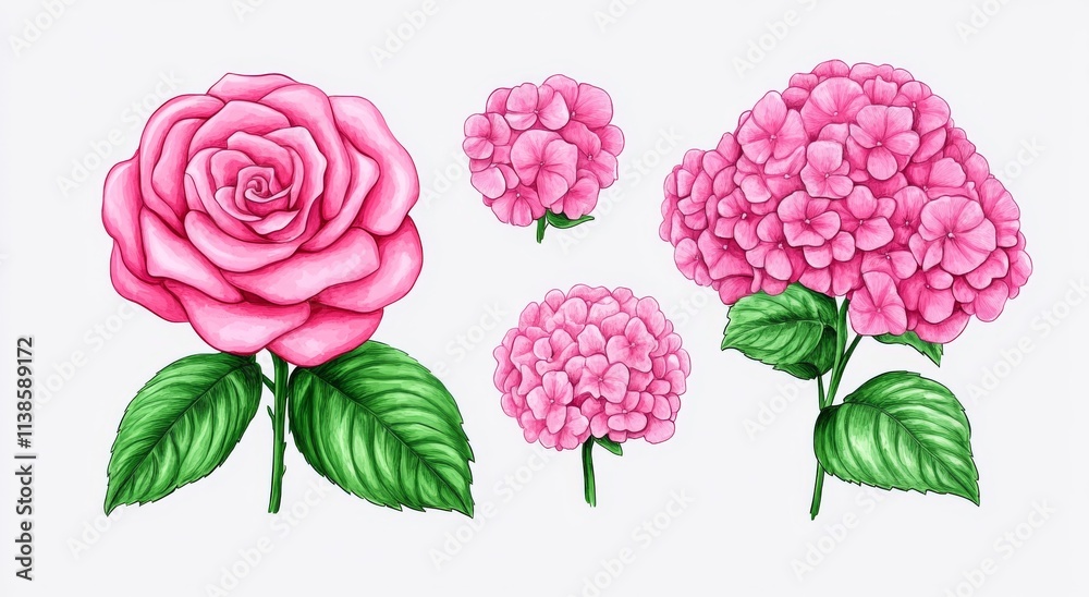 A watercolor illustration of roses, garden flowers, leaves, and branches set against a clean white background, perfect for wedding floral arrangements. A watercolor illustration of roses, garden flowers, leaves, and branches set against a clean white background, perfect for wedding floral arrangements.
