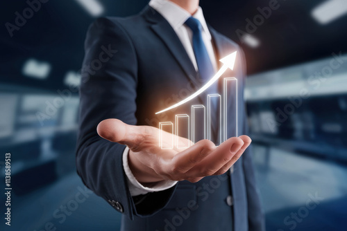 Business professional presenting a glowing financial graph with upward bars in a futuristic office background