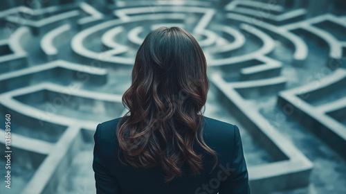 A professional woman in a suit gazes at a challenging maze