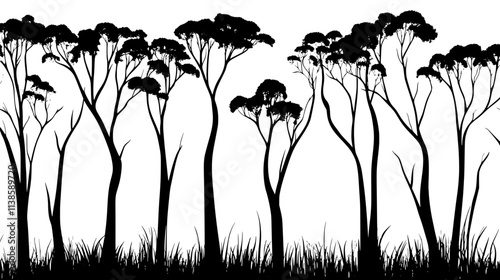 Eucalyptus grove with smooth bark grown for pulp and paper production, Vectorized Plant Art