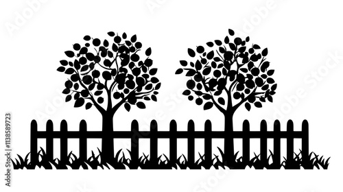 Espaliered fruit trees trained along a south-facing stone wall, Vectorized Plant Art
