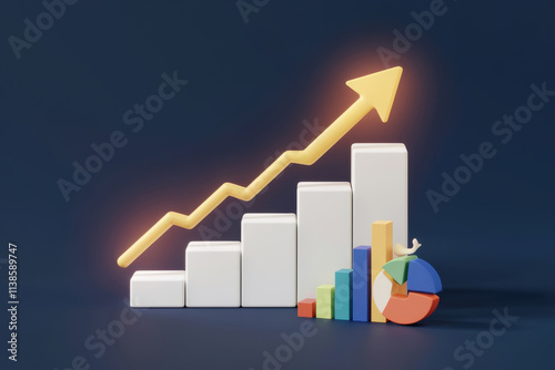 Financial growth concept with colorful bar graphs and glowing arrows representing business and investment success