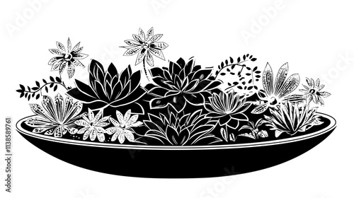 Fairy garden with tiny succulents in a shallow dish, Vectorized Plant Art