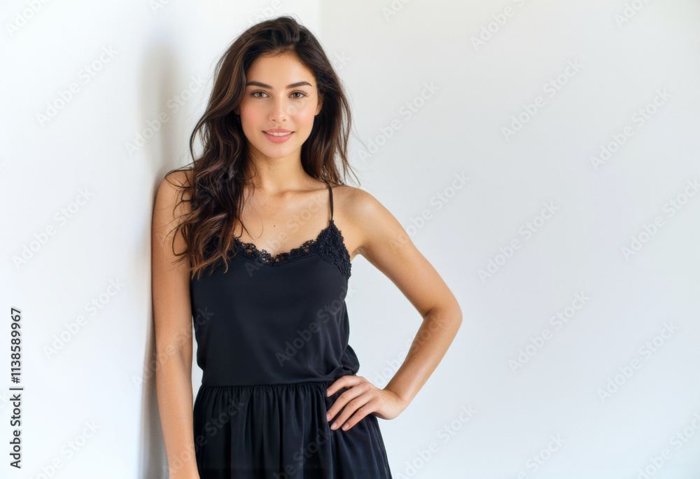 A commercial portrait photo of a model on a white studio background: a woman standing in front of a white wall, wearing a black dress and smiling. A commercial portrait photo of a model on a white studio background: a woman standing in front of a white wall, wearing a black dress and smiling.