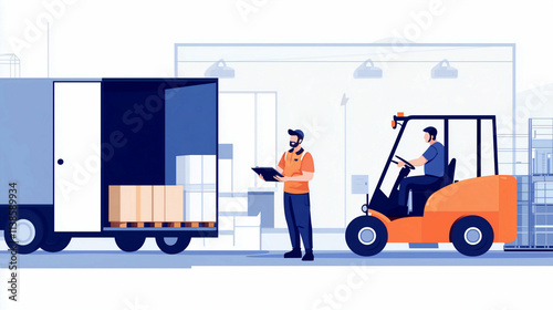 Workers loading and unloading pallets from a delivery truck in a warehouse setting