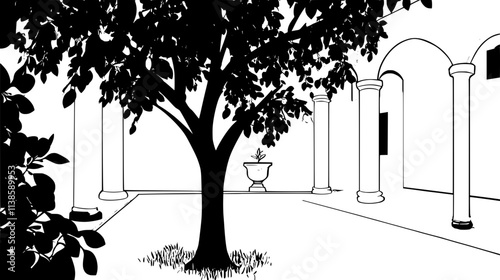 Fig tree with ripening fruit in an ancient courtyard, Vectorized Plant Art