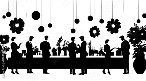 Flower auction with international buyers placing bids, Vectorized Plant Art