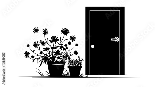 Flower basket with daisies and carnations on a doorstep, Vectorized Plant Art