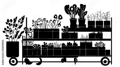 Flower bunches being stacked in carts for bulk orders at a wholesale florist center, Vectorized Plant Art