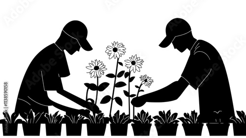 Organic flower farm using eco-friendly methods for sustainable growth, Vectorized Plant Art