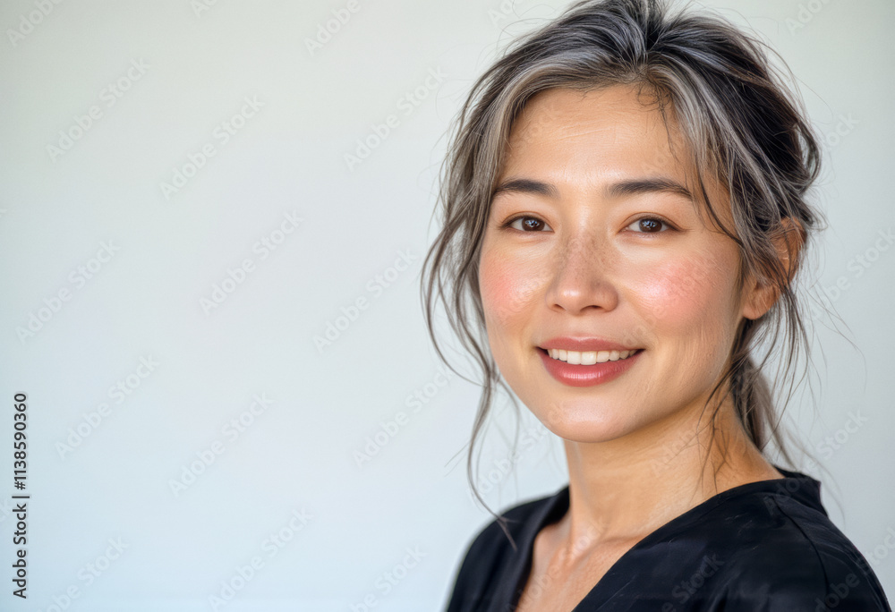 A commercial portrait photo of a model on a white studio background: a woman with grey hair wearing a black dress, smiling at the camera against a white background. A commercial portrait photo of a model on a white studio background: a woman with grey hair wearing a black dress, smiling at the camera against a white background.