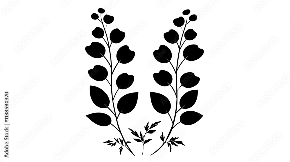 A framed pressed flower display with multiple stems placed in a symmetrical layout, Vectorized Plant Art