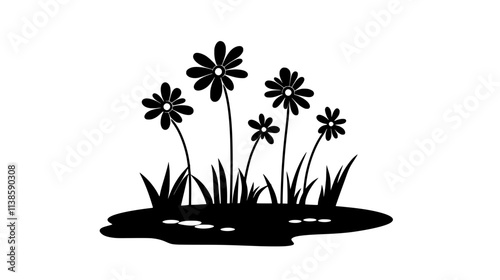Flowers growing in clusters near a small pond, beneficial for pollinators, Vectorized Plant Art