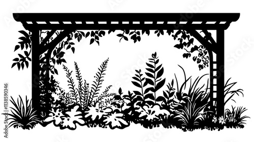 Foamflower plants growing under a shaded trellis in a natural garden setting, Vectorized Plant Art