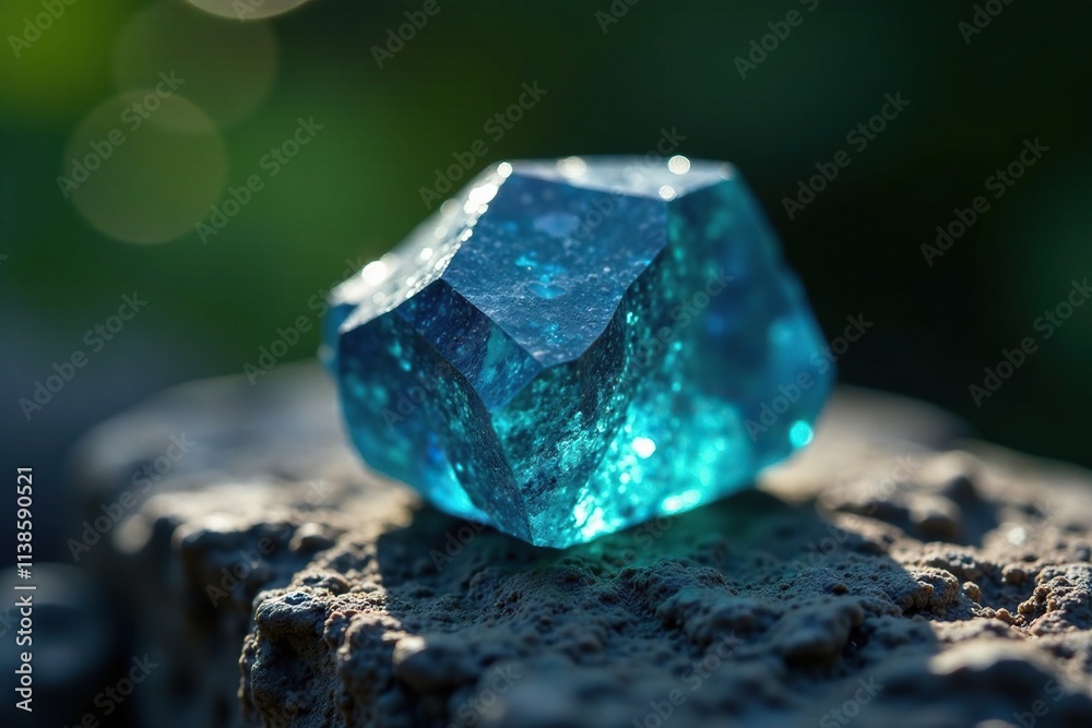 Rough sapphire crystal fragment on black stone background, green, nature Rough sapphire crystal fragment on black stone background, green, nature
