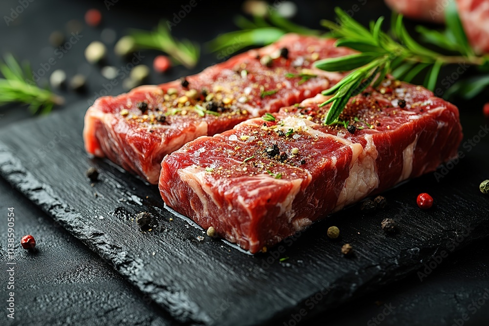 A slab of meat with pepper and herbs on top A slab of meat with pepper and herbs on top