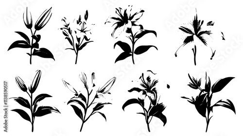 A garden of Oriental lilies in various stages of bloom, Vectorized Plant Art