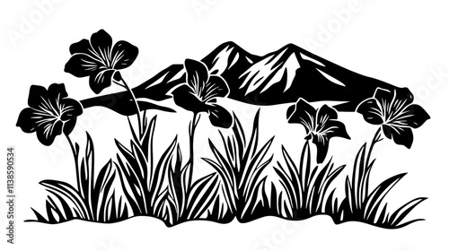 Gentian flowers with upward-facing petals in a mountain meadow, Vectorized Plant Art