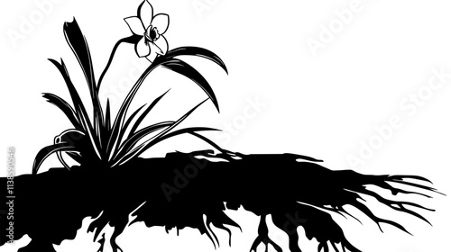 Ghost orchid bud emerging from root mass, Vectorized Plant Art