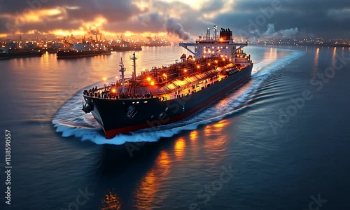 A large tanker ship illuminated at sunset, navigating through calm waters.