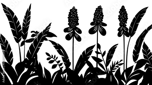Ginger plants with flower spikes in a jungle clearing, Vectorized Plant Art