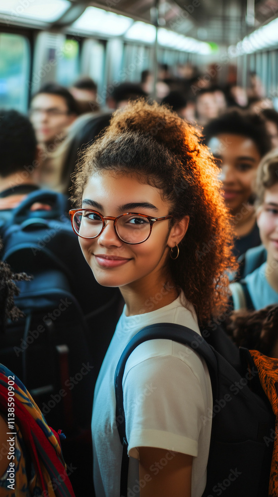 Young woman smiling in bustling subway train during daytime commute with diverse crowd Young woman smiling in bustling subway train during daytime commute with diverse crowd