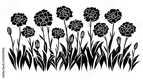 Group of border carnations arranged neatly in a flowerbed, Vectorized Plant Art