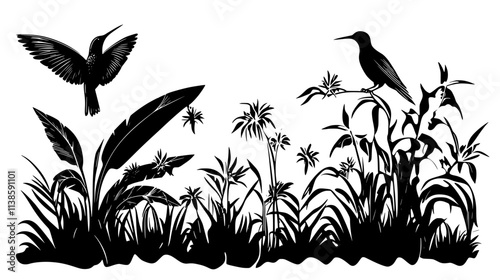 Heliconia flower attracting a hummingbird in a clearing, Vectorized Plant Art