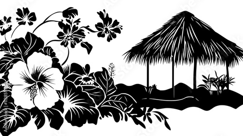 Hibiscus blossom opening on bush beside thatched hut, Vectorized Plant Art