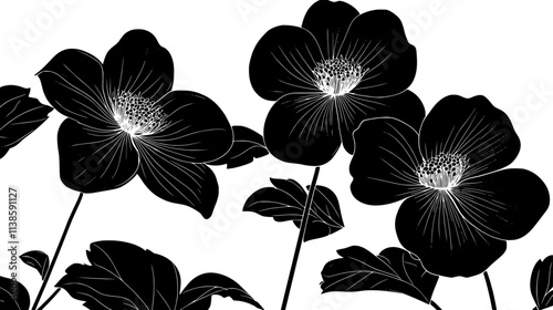 Hellebore flowers nodding in the winter shade garden, Vectorized Plant Art