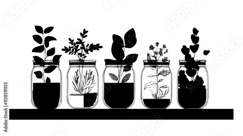 Herbs growing in mason jars on the kitchen counter, Vectorized Plant Art