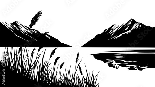 Horsetail reeds lining the shore of a glacial lake, Vectorized Plant Art