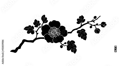 A horizontal Ikebana design with unevenly spaced branches and a single flower in focus, Vectorized Plant Art