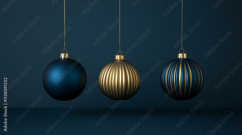 Sophisticated Christmas ornaments in gold and blue on a dark blue backdrop, perfect for stylish holiday promotions Sophisticated Christmas ornaments in gold and blue on a dark blue backdrop, perfect for stylish holiday promotions