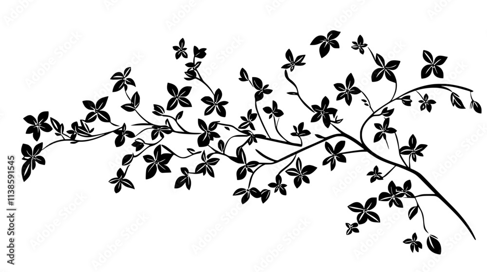 Naklejka premium Jasmine with small leaves and star-shaped flowers on twining stems, Vectorized Plant Art