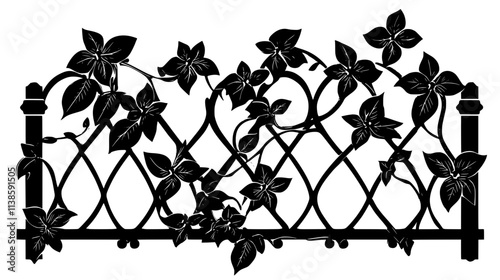Jasmine vine climbing a trellis on a garden wall, Vectorized Plant Art
