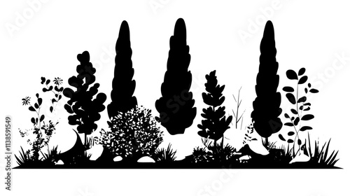 Juniper shrubs in a rock garden design, Vectorized Plant Art