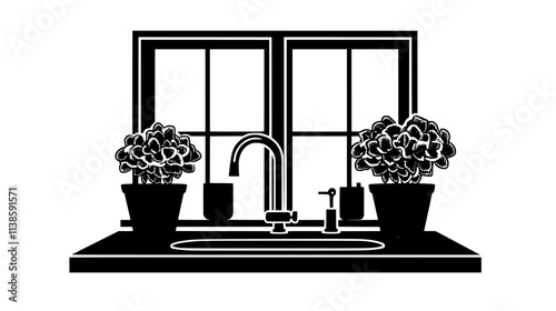 Kalanchoe plants on a kitchen windowsill above the sink, Vectorized Plant Art