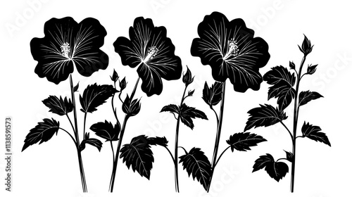 Kenaf plants with hibiscus-like flowers grown for industrial purposes, Vectorized Plant Art